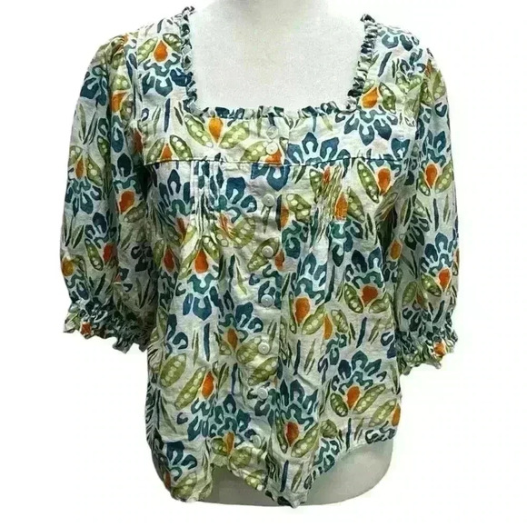 Rachel Roy colorful linen top puff 3/4sleeve square neck line slight crop size S - Picture 1 of 10